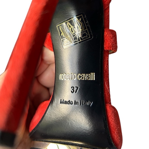 Roberto Cavalli Red/Orange Suede Stiletto Heels Gold Snake Head Italy Size 7 - Picture 8 of 11